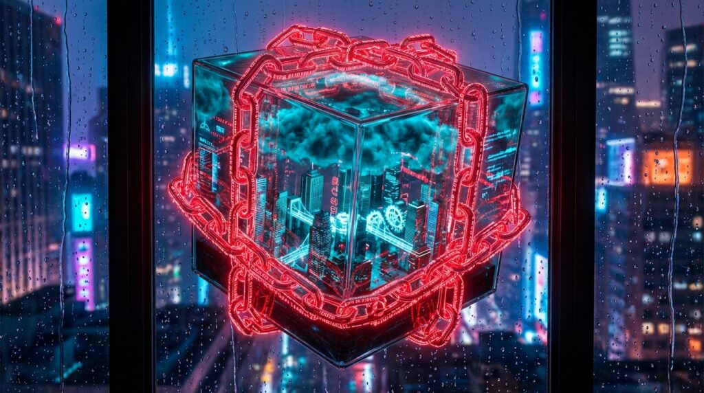 Glowing blue miniature city inside a glass cube, tightly wrapped by neon red chains, set against a dark rainy window.