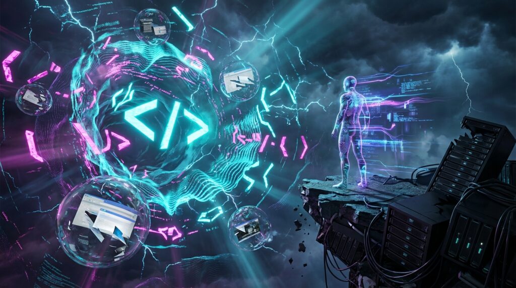 Glowing humanoid by servers faces a giant neon energy vortex containing a < /> code symbol and floating web screens.