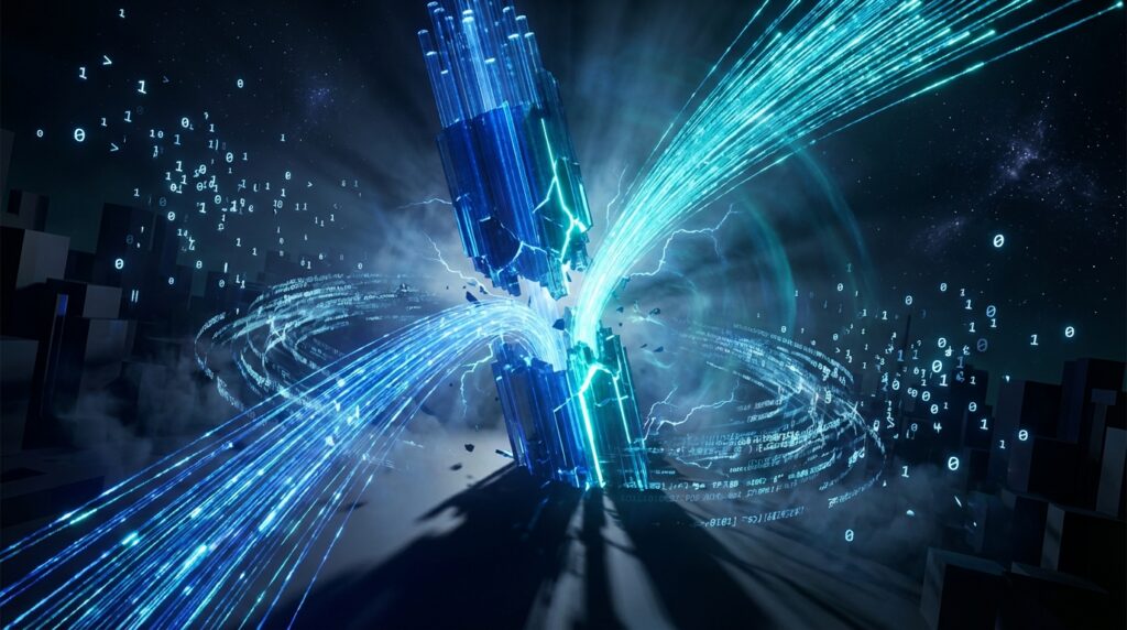 Glowing blue shattered crystal emitting curving light streams in dark space, with floating binary numbers 0 and 1.