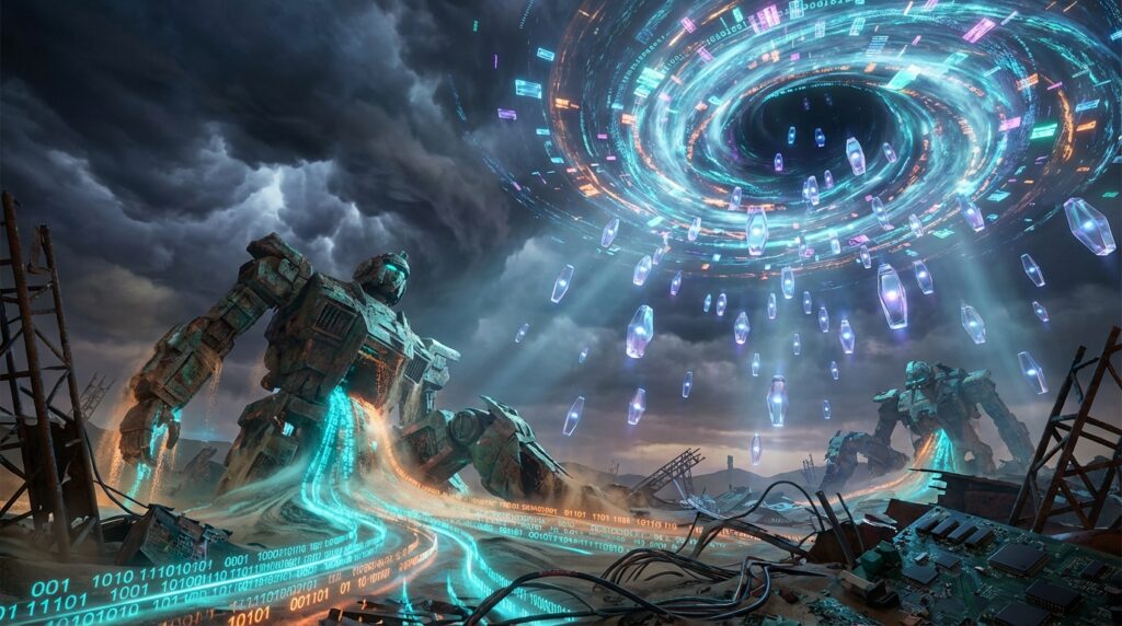 Two giant, rusted mechas sit in a wasteland, leaking glowing binary streams like '001 1010' under a massive digital vortex.