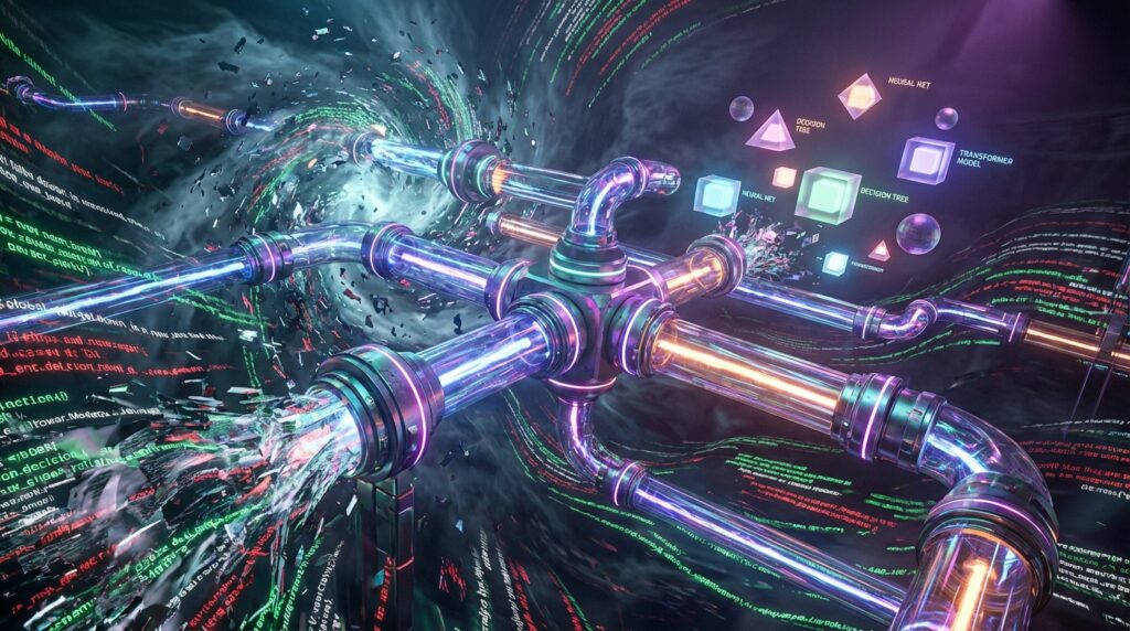 Glowing 3D pipes organize chaotic data code into geometric structures labeled Neural Net, Decision Tree, and Transformer Model.