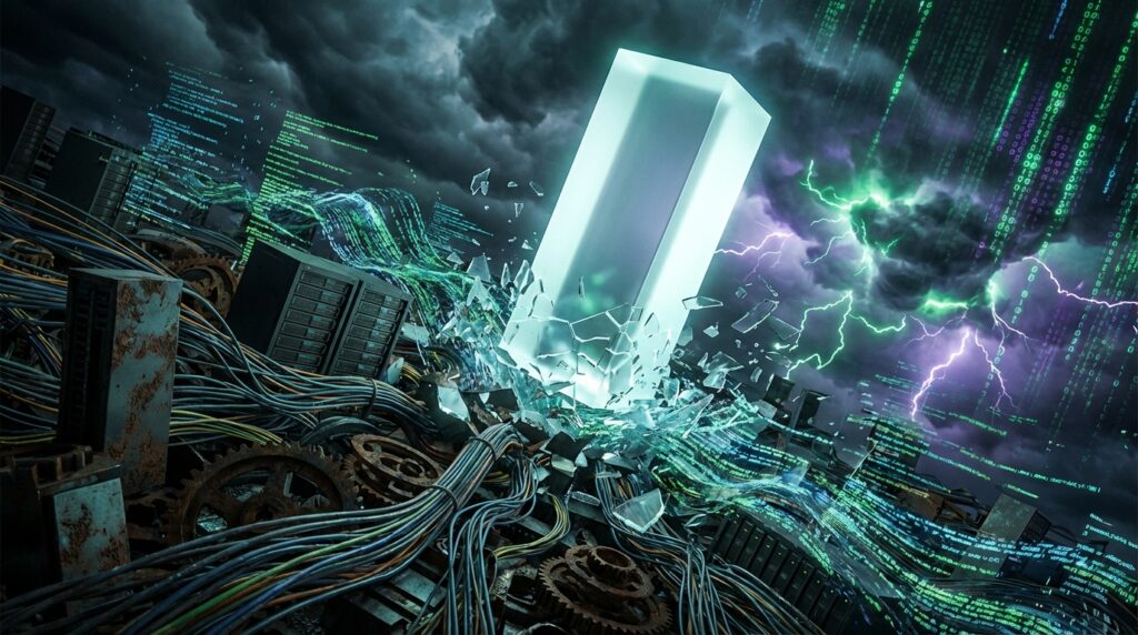 A glowing white monolith shatters through a dark pile of rusty gears and tangled cables, surrounded by green digital rain.