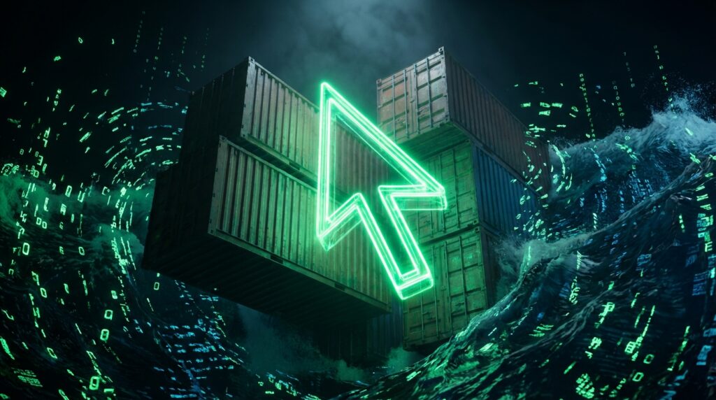 Glowing green mouse cursor navigating stacked shipping containers amidst a stormy sea of digital green code.