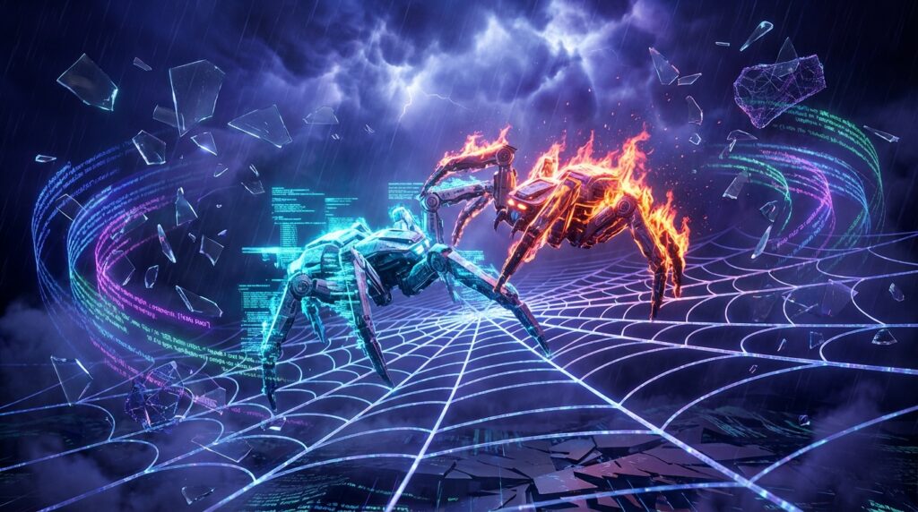 Two robotic spiders, one of blue digital code and another engulfed in flames, battle on a glowing web amid shattered glass.