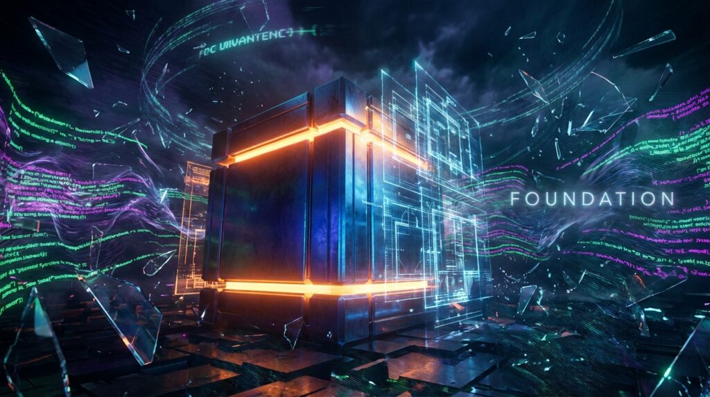 Glowing cybernetic cube showing holographic blueprints and code streams, with the word "FOUNDATION" prominently displayed.