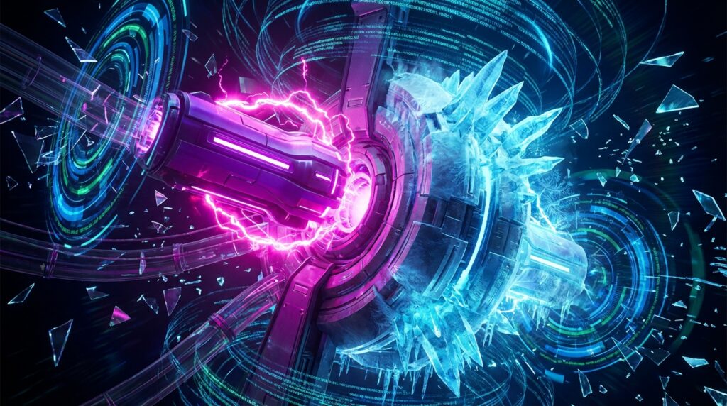 Abstract 3D render of a purple energy drive plugging into an icy blue data core, shattering surrounding digital rings.