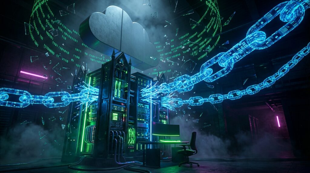 A glowing server rack shatters blue digital chains linked to a large metallic cloud symbol surrounded by floating binary code.