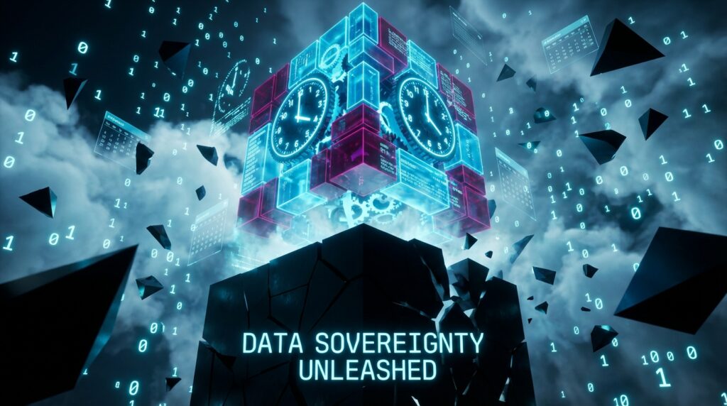 Neon cube with clocks shattering a dark block. Text reads 'DATA SOVEREIGNTY UNLEASHED' amid floating code and calendars.