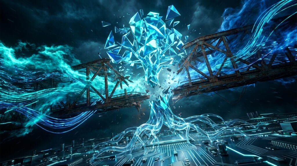 A glowing blue crystal tree bursts from a digital circuit board, violently shattering a rusty metal bridge overhead.