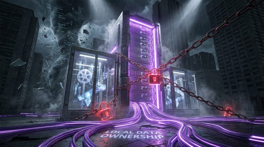 Chained glowing purple server and film reels in a stormy city. Text reads LOCAL DATA OWNERSHIP on the floor.