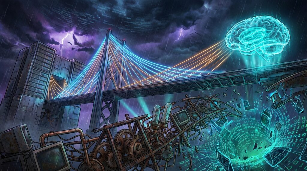 A glowing bridge connects data servers to a neon brain, hovering over a swirling vortex of broken gears and old computers.