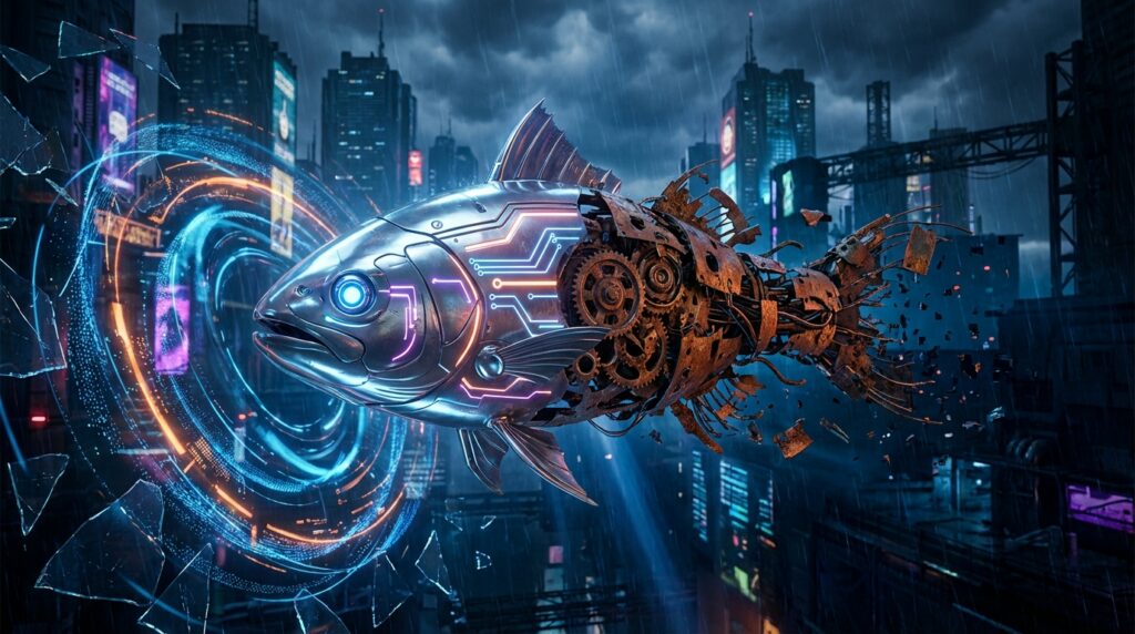 A mechanical fish transitioning from rusty gears to glowing neon circuits swims through a blue portal in a cyberpunk city.