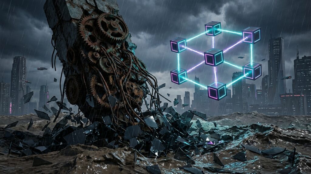 Glowing neon modular cubes float next to a collapsing rusty gear monolith in a stormy, futuristic cyberpunk city.