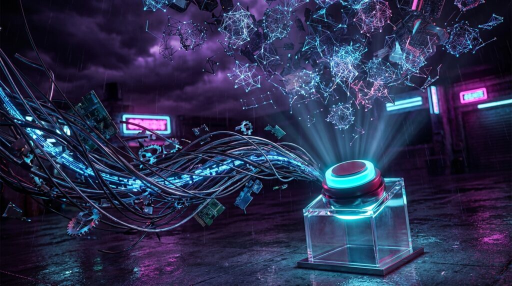 Glowing cyan button with cables connecting to floating digital networks in a cyberpunk scene. A neon sign reads GENESIS.