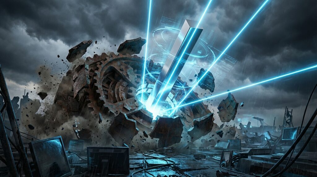 A sleek glowing monolith shatters a giant rusted gear in stormy tech ruins, emitting bright blue lasers and data rings.