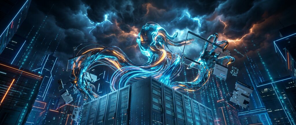 Glowing abstract blue and gold fluid entity rising from server racks in a futuristic digital city under a stormy sky.