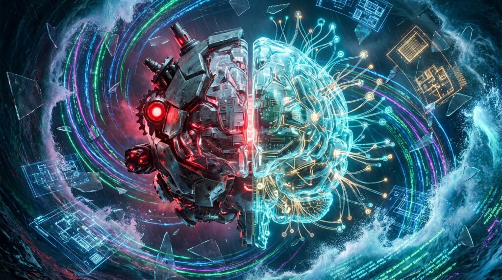 左侧为带有红光武器的暗色机械大脑，右侧为发蓝光的透明电路神经大脑，两者在数据湍流中分裂，象征人工智能发展路线的分化。