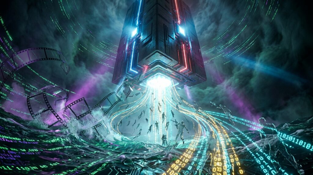 科幻风格图像：一个巨大的发光AI算力方块悬浮在风暴云中，向下方发光的二进制代码海洋投射强光，人类剪影和电影胶片正被光束吸入方块。