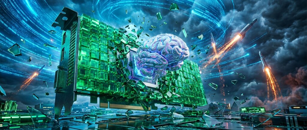 发光的人工智能大脑从碎裂的绿色芯片中涌出，背景是深色的风暴云层、蓝色的全息代码环和多枚正在升空的火箭。