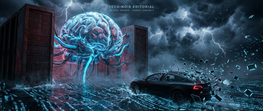 雷云下，发光的巨大数字大脑连接着生锈的服务器，旁边一辆黑色电车在代码海浪中碎裂成芯片。图片顶部写有“TECH-NOIR EDITORIAL”等字样。