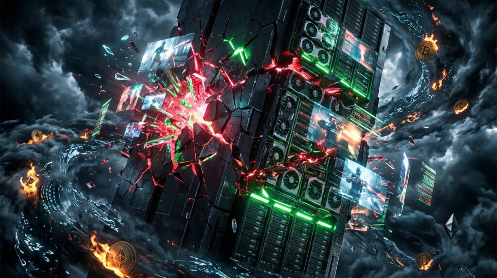 充满科技感的黑色服务器塔在风暴中碎裂，内部爆发出红绿光芒。塔身周围环绕着漂浮的视频画面碎片、水流以及比特币等数字货币。