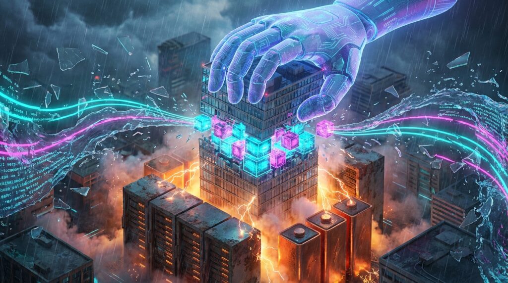 一只巨大的发光数字机械手从风雨交加的空中伸下，抓取一栋摩天大楼的中间层，使其碎裂成发光的彩色数据方块。大楼底部环绕着服务器机柜、巨大的电池和闪电能量。
