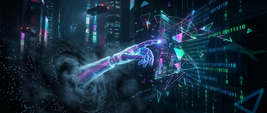 Robotic hand emerges from a vortex to touch a holographic data interface with binary code in a rainy cyberpunk city.
