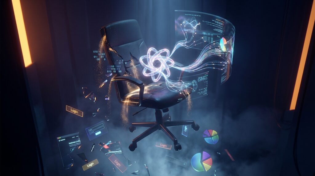 An empty office chair dissolving into digital particles around a glowing AI core, surrounded by shattered 'Login' buttons.