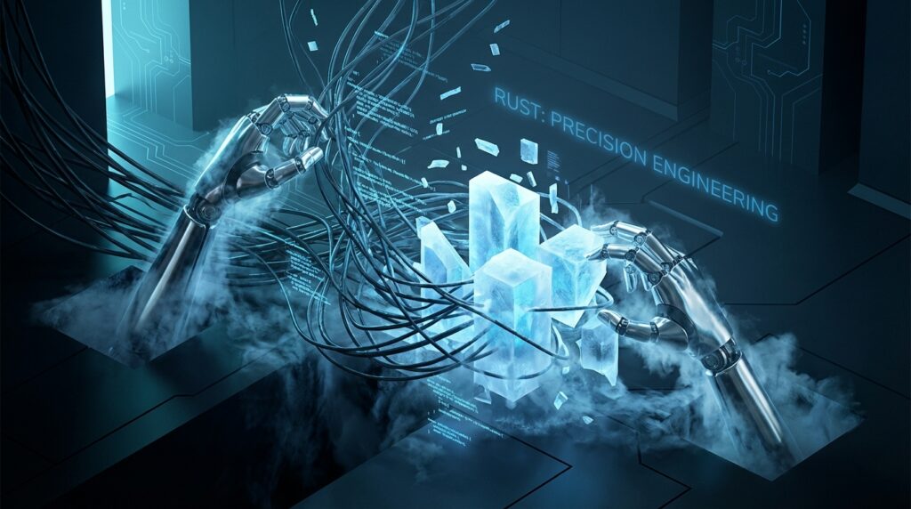 Robotic hands manipulate glowing crystal blocks amidst wires. Text reads "RUST: PRECISION ENGINEERING" in a blue sci-fi scene.