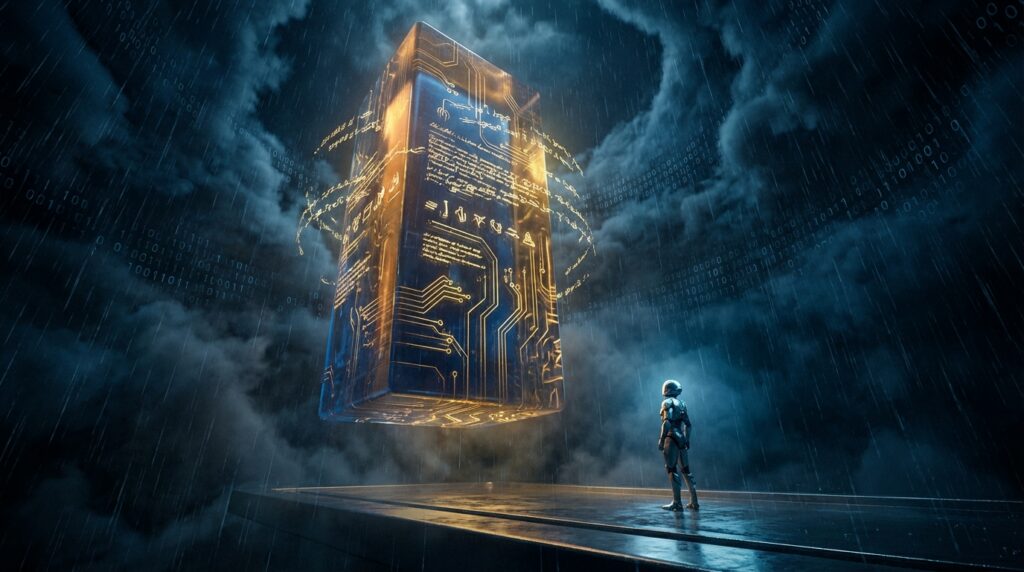 A robot gazes at a floating golden monolith inscribed with digital circuitry and glyphs amidst a storm of falling binary code rain.
