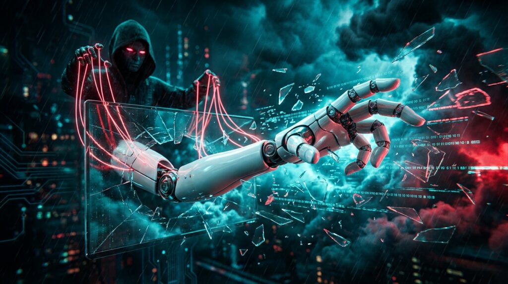 A hooded hacker manipulating a white robotic arm with red marionette strings through a shattered digital screen.