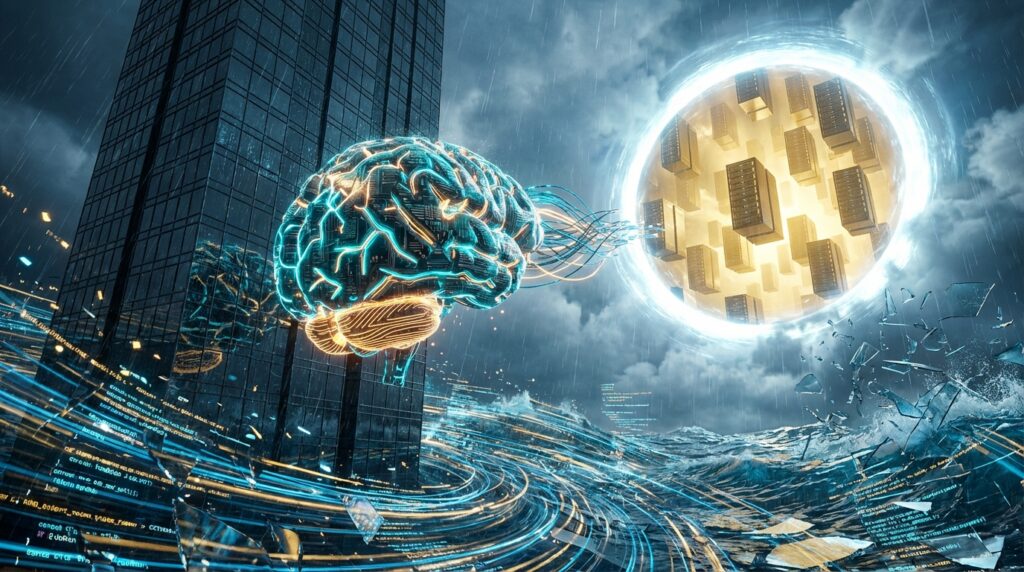 Glowing digital brain moves from a dark skyscraper toward a bright portal of server racks, symbolizing AI talent migration.