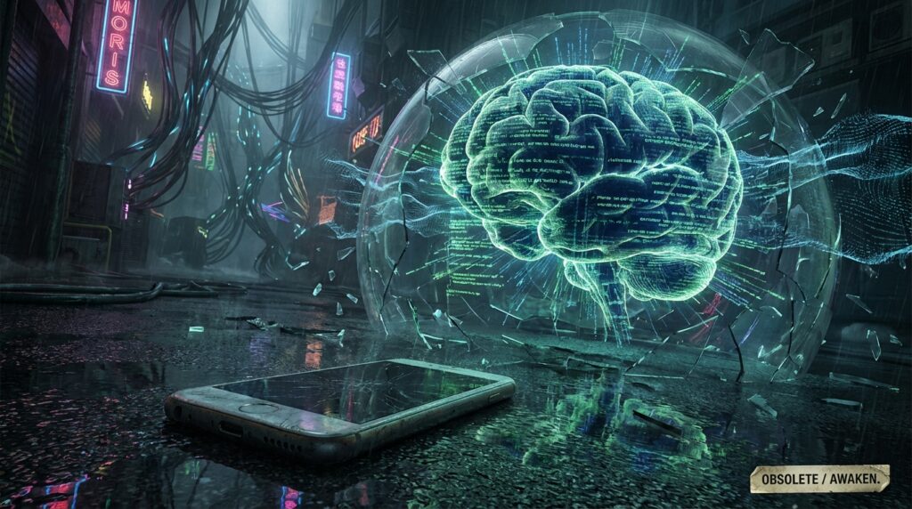 Glowing digital brain emerging from a glass sphere above a smashed smartphone in a dark alley. Text reads OBSOLETE / AWAKEN.