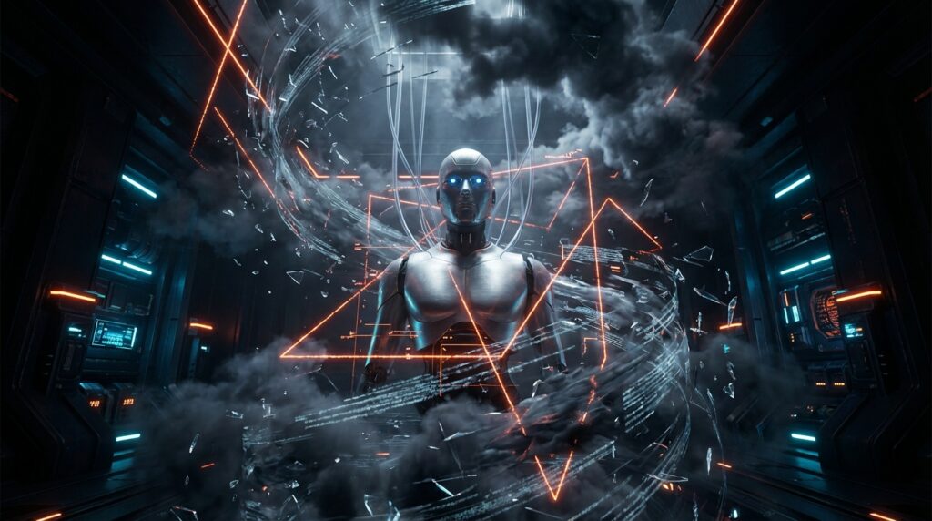 Metallic humanoid robot surrounded by glowing orange geometric lines and swirling data particles in a dark sci-fi corridor.