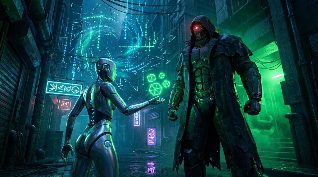 Silver android offers glowing data cubes to a menacing, hooded cyborg with a red eye in a rainy cyberpunk alleyway.
