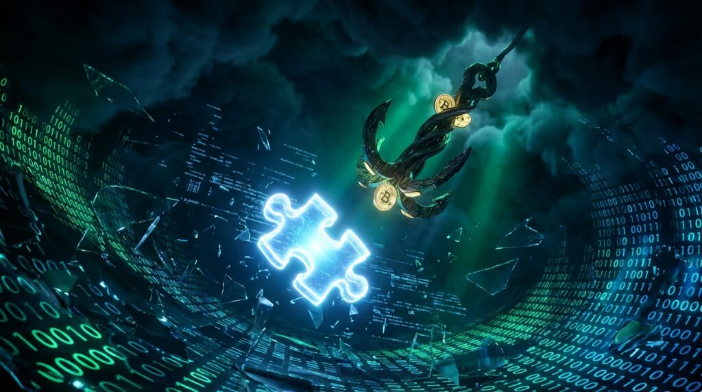 A menacing fishing hook baited with Bitcoins descends toward a glowing puzzle piece amidst a dark storm of binary code.