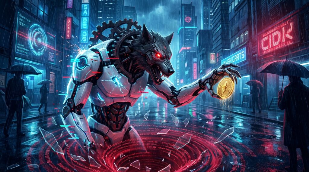 A robotic wolf with glowing red eyes offers a gold Ethereum coin in a rainy cyberpunk city, standing over a red digital trap.