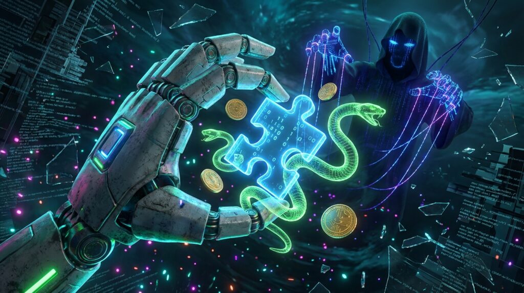 A robotic hand holds a digital puzzle piece, while a hooded figure manipulates a glowing snake and coins on strings.