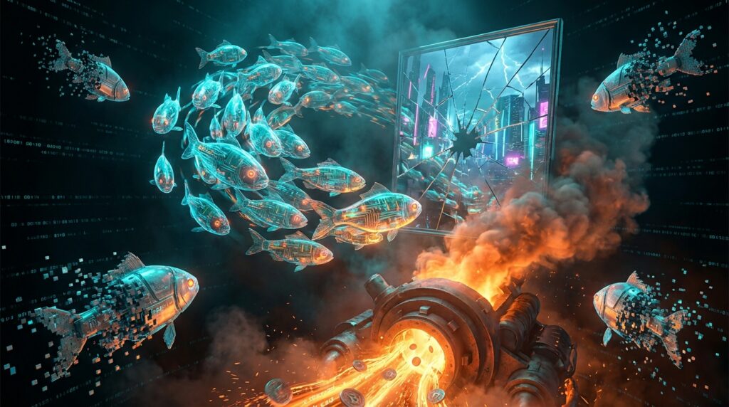 Robotic fish swim through a cracked mirror into a neon city, while a fiery furnace burns glowing digital coins nearby.