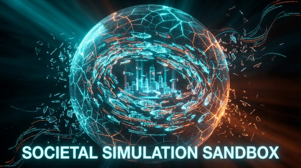 A glowing digital sphere containing a city and wireframe fish. Text reads: SOCIETAL SIMULATION SANDBOX.