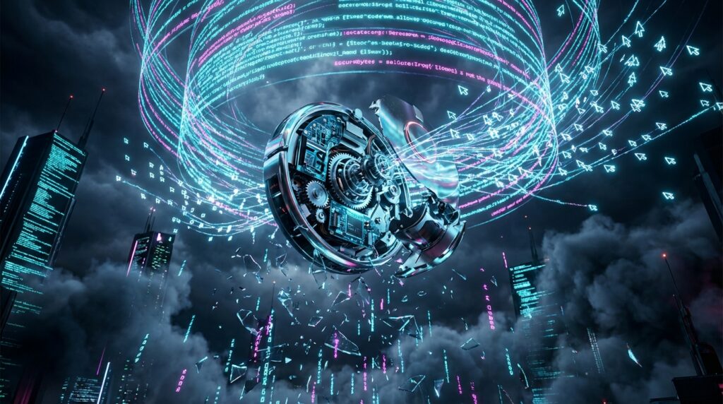 A mechanical lens surrounded by swirling green code and digital arrow cursors against a dark cyberpunk city background.