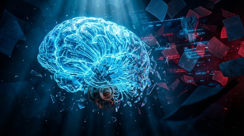 A glowing blue digital brain cracks open to reveal mechanical gears inside, surrounded by floating papers and digital code.
