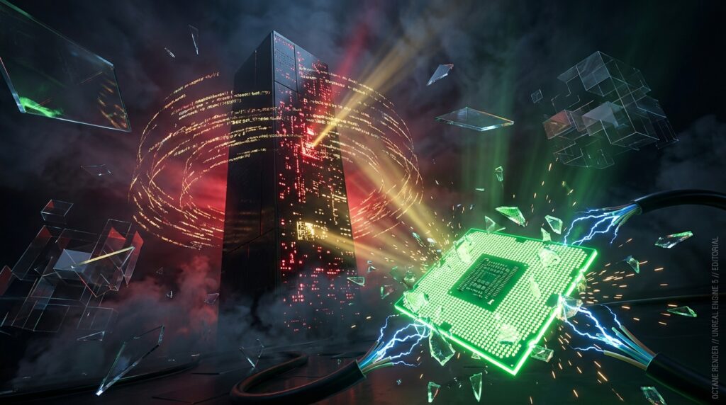 A glowing green AI chip sparking with electricity next to a red towering server cluster surrounded by holographic data rings.