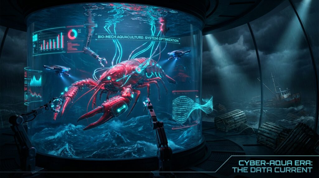Futuristic bio-mech lobster in tech tank. Text: BIO-MECH AQUACULTURE: SYSTEM OPTIMIZATION. Background: boat in stormy sea.