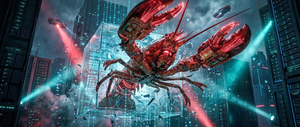 A giant red cyborg lobster with circuit boards on its claws shattering a glowing data cube in a neon-lit futuristic city.