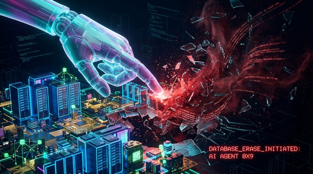 Glowing AI hand shatters a server rack into red debris. Text: DATABASE_ERASE_INITIATED: AI AGENT 0X9.