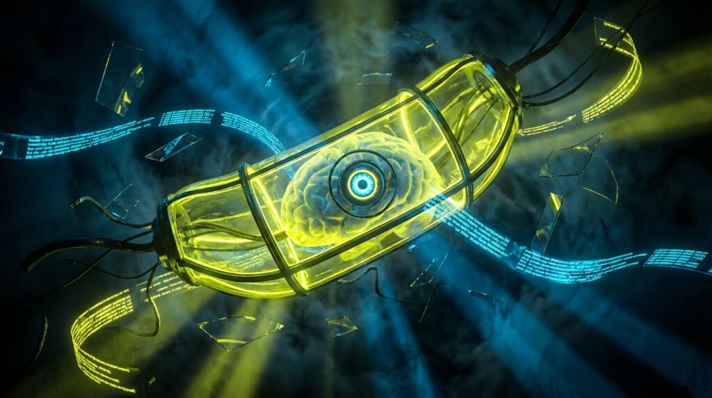 Glowing yellow sci-fi capsule holding a brain with a central blue robotic eye, surrounded by data streams and broken glass.