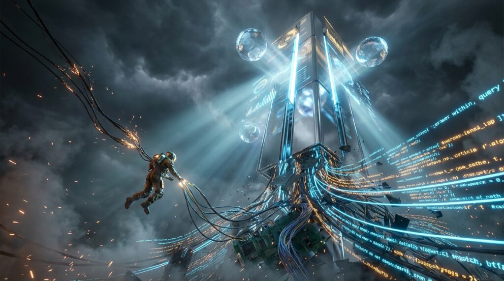 An astronaut floats in a stormy sky, tethered by glowing cables to a massive glass tower that emits streams of blue code.