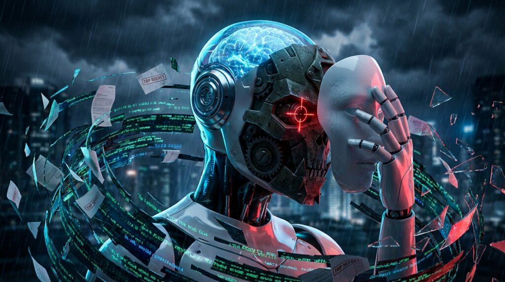 A cyborg with a glowing brain and red eye holds a human mask, surrounded by swirling code and papers marked TOP SECRET.