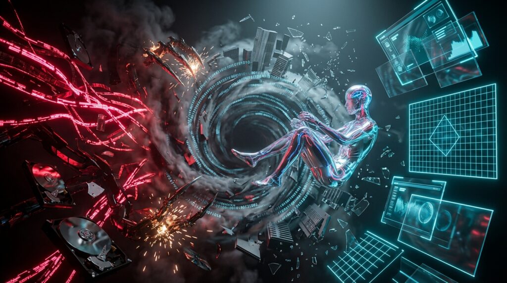 Red chaotic energy destroying hard drives left, contrasted with a calm cyborg and blue digital interfaces right.